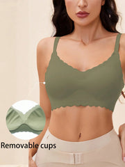 Solid Seamless Scallop Trim Bralette Green
