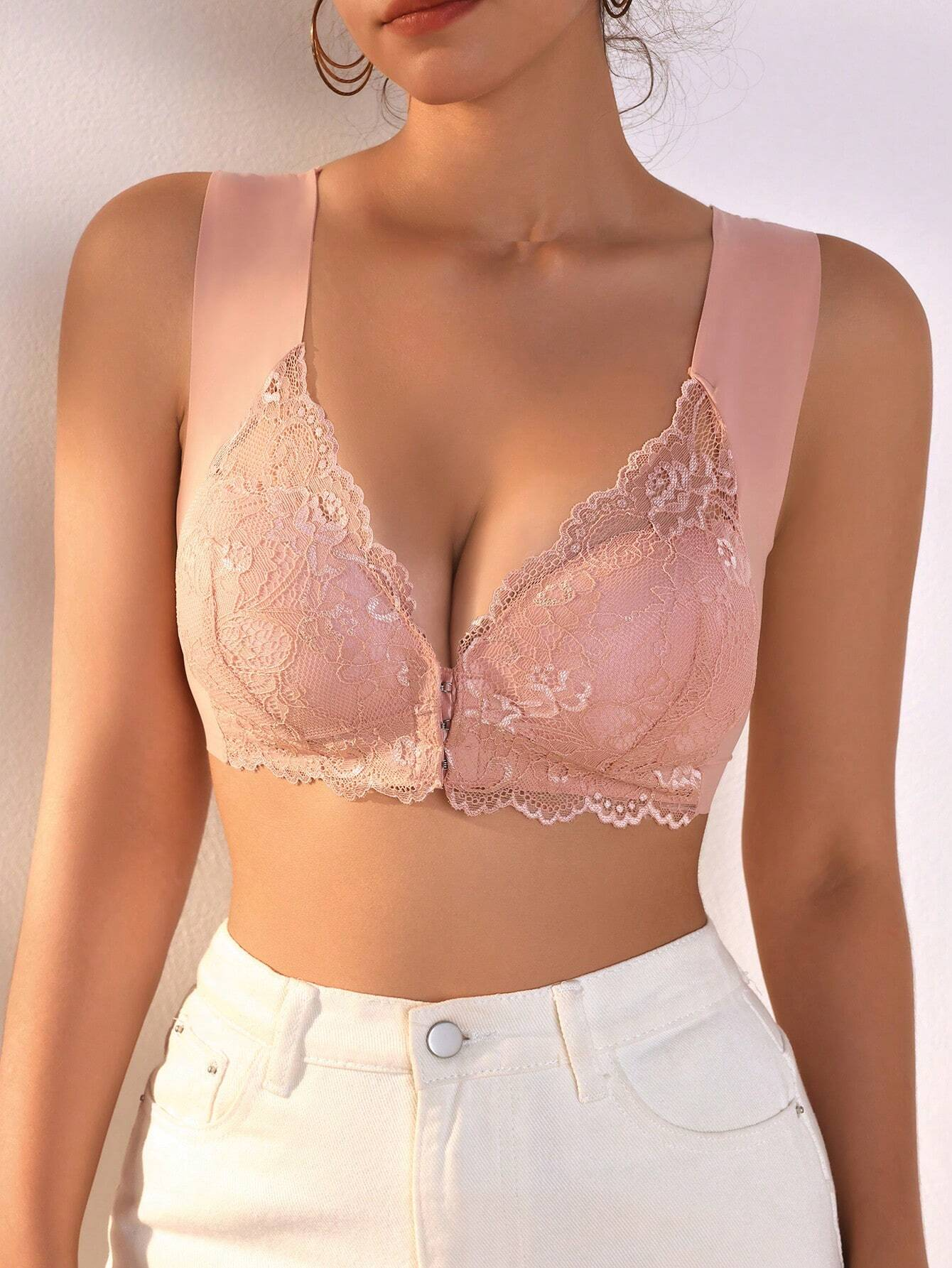 Lace Seamless Wirefree Push-up Pus size Full Coverage Bra Pink