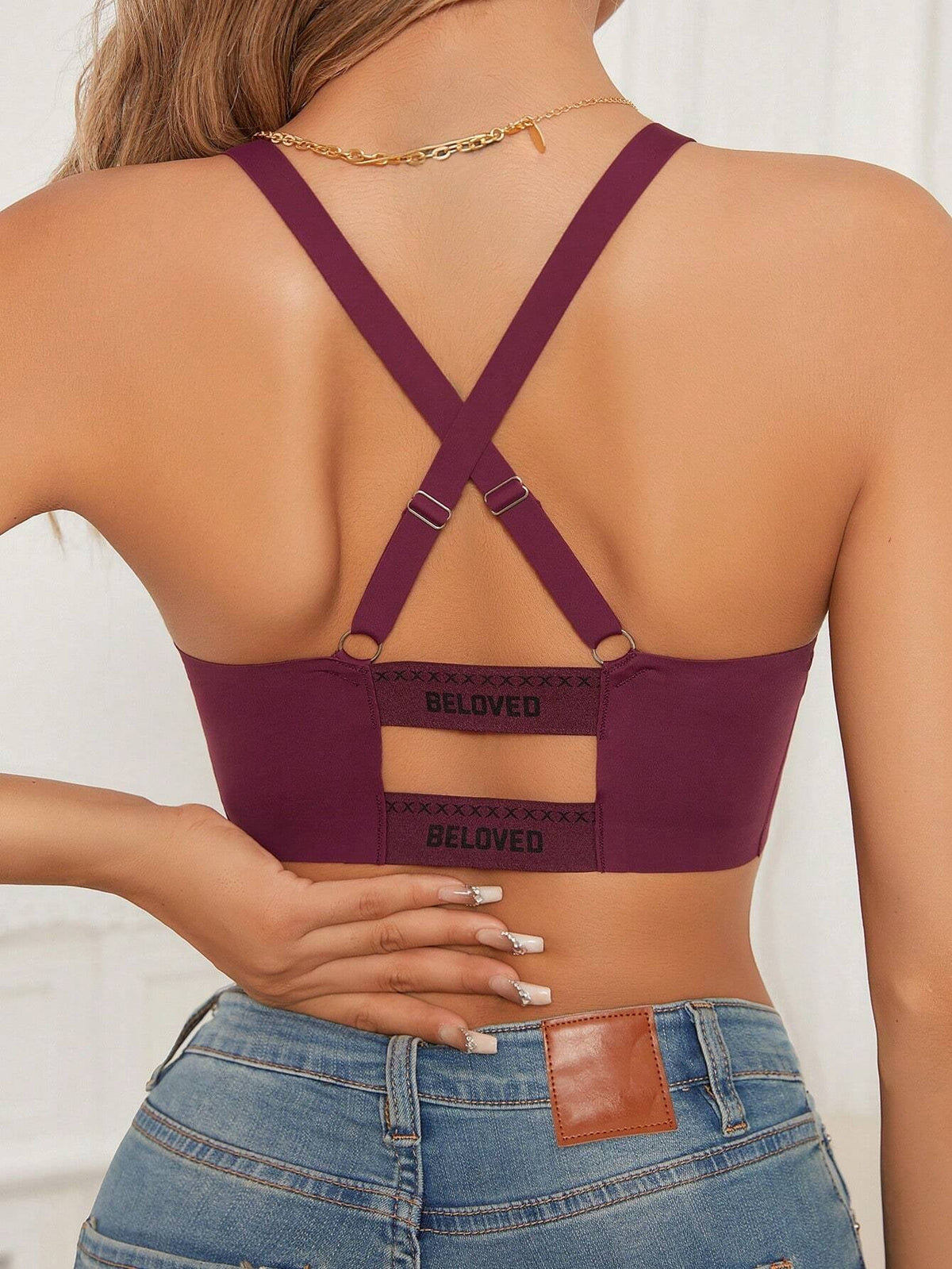 Cross Back Letter Print Wireless Bralette VioletRed
