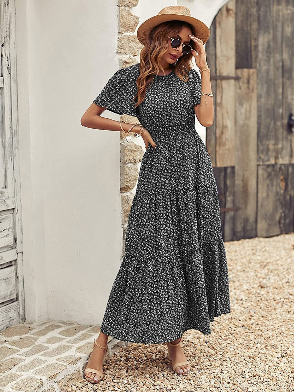 Dresses Women Casual Floral Print Dress O Neck Puff Sleeve Midi Dresses Summer Ladies Dress Vestidos