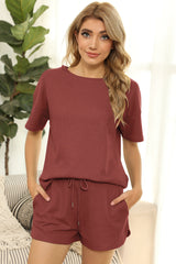 Waffle Knit Short Sleeve Top & Shorts Loungewear Set