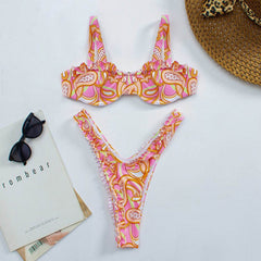 PINK Floral Ruffled Balconette Underwired Bikini Top