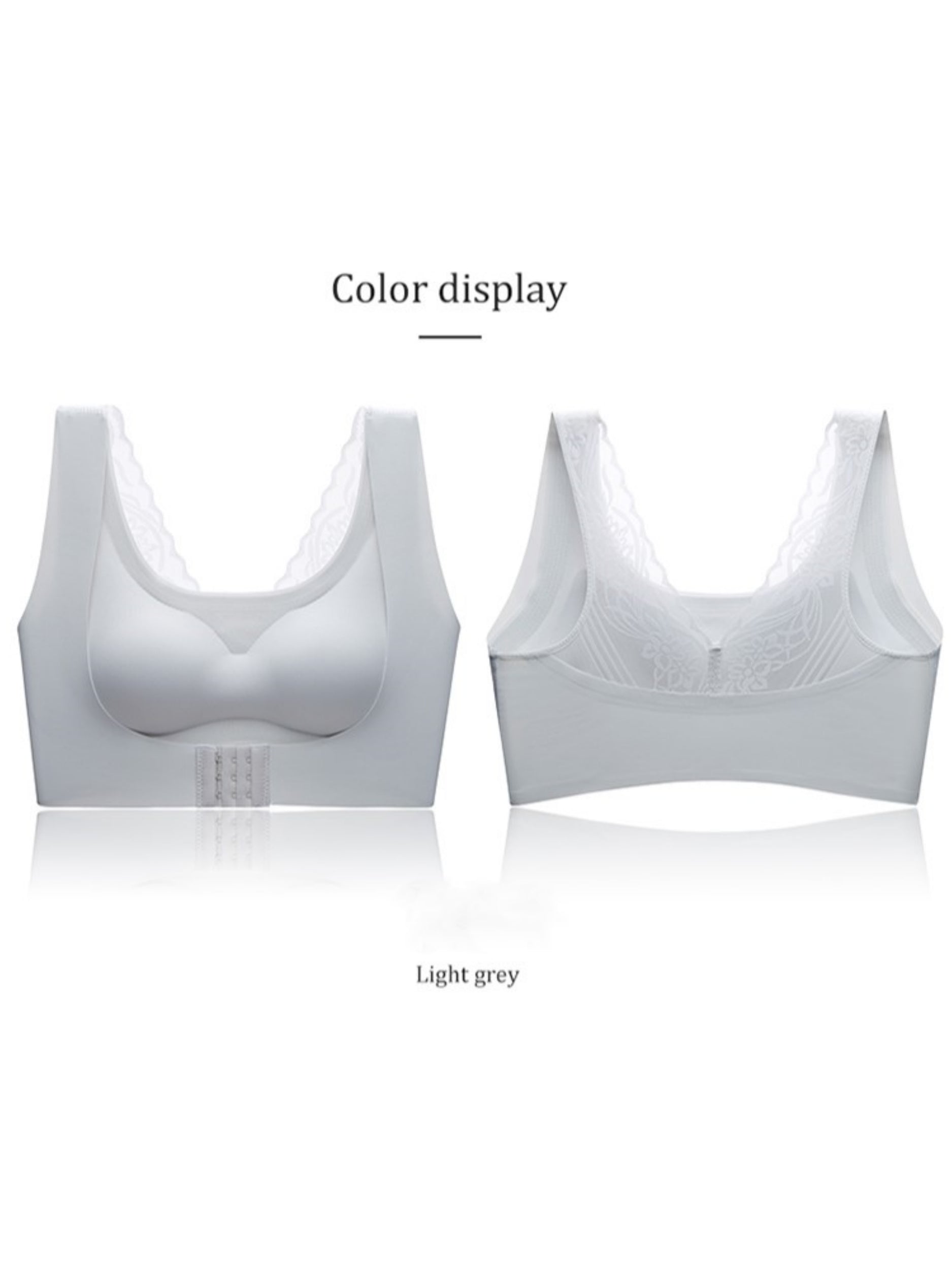 Front Closure Lace Seamless Wireless Bra Padded, Non-Slip, Beautiful Back, Large Sizes Gray