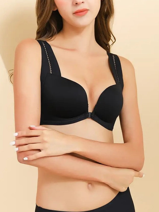 Front Closure Wide Strap Push-Up Wireless Bra Black
