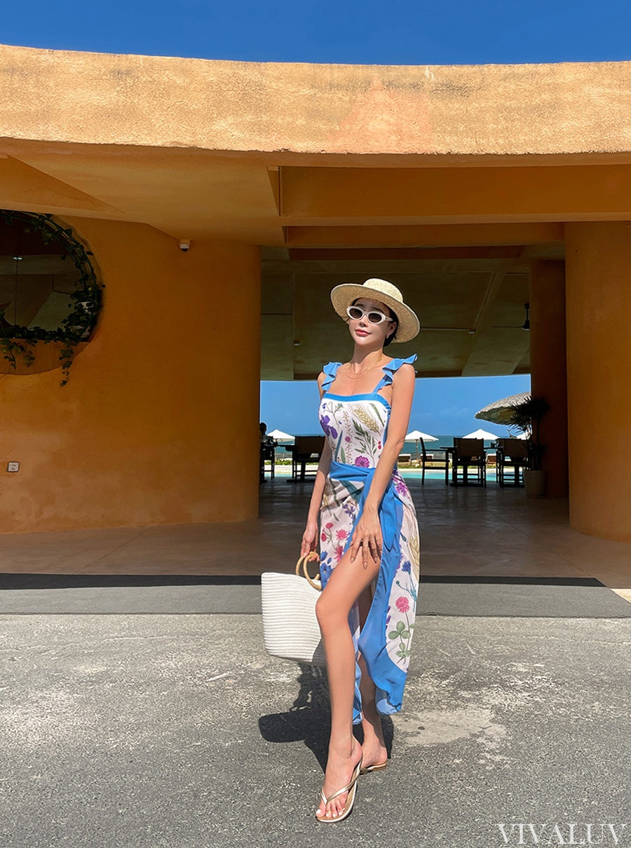 FLORAL PRINT ONE-PIECE SWIMSUIT - Blue