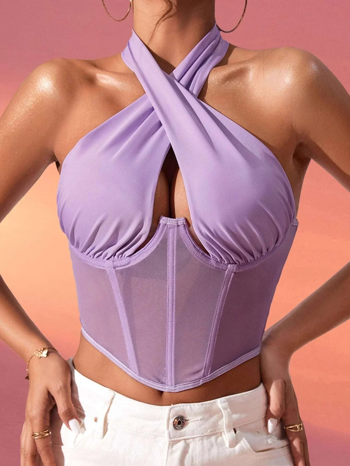 Mesh Insert Halter Corset Top