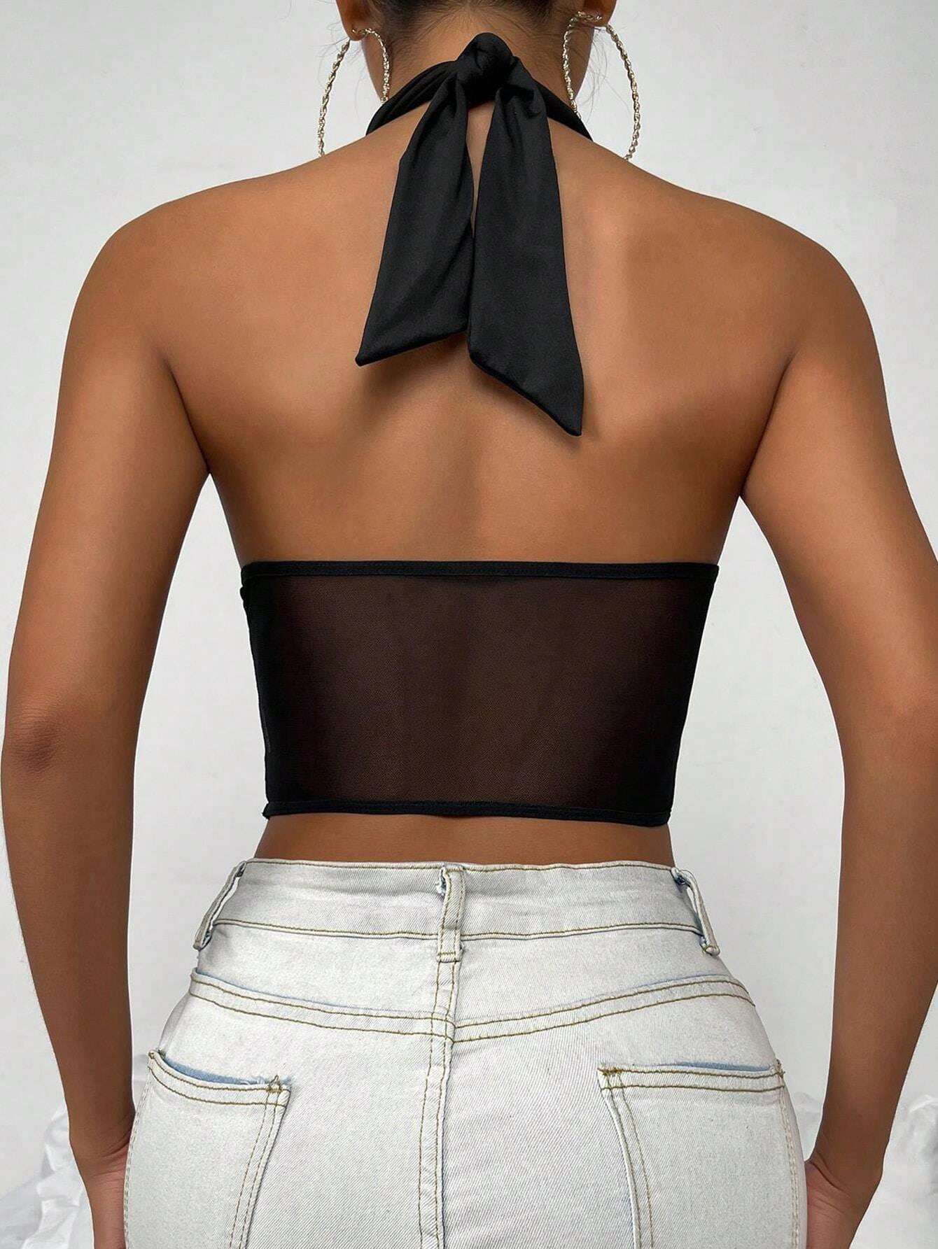 Mesh Insert Halter Corset Top