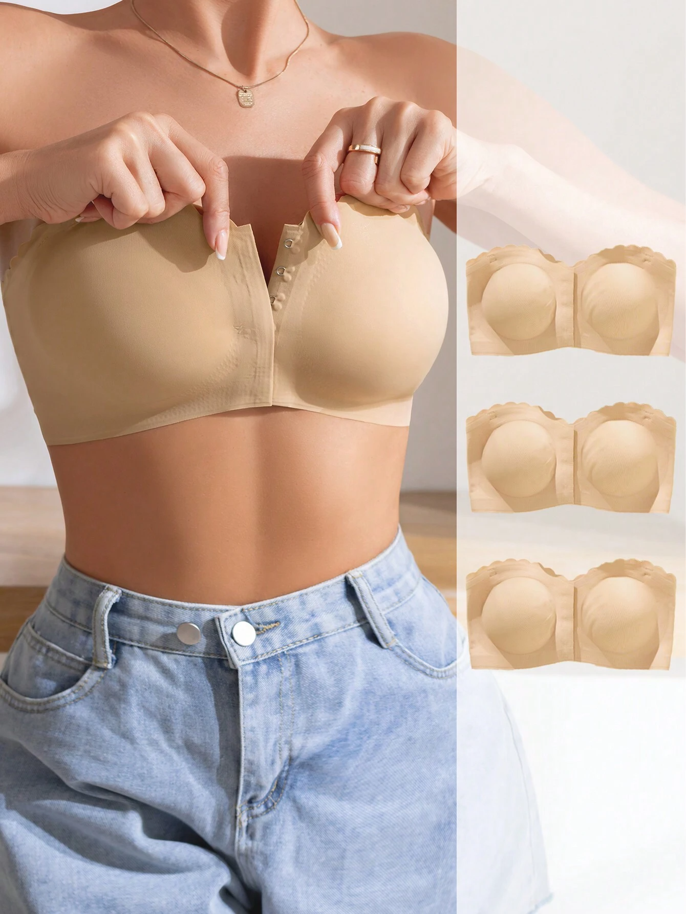 Front Closure Wireless Strapless Bra Beige