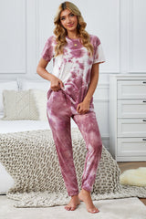 Tie Dye Printed Short Sleeve Tops Pants Loungewear Set