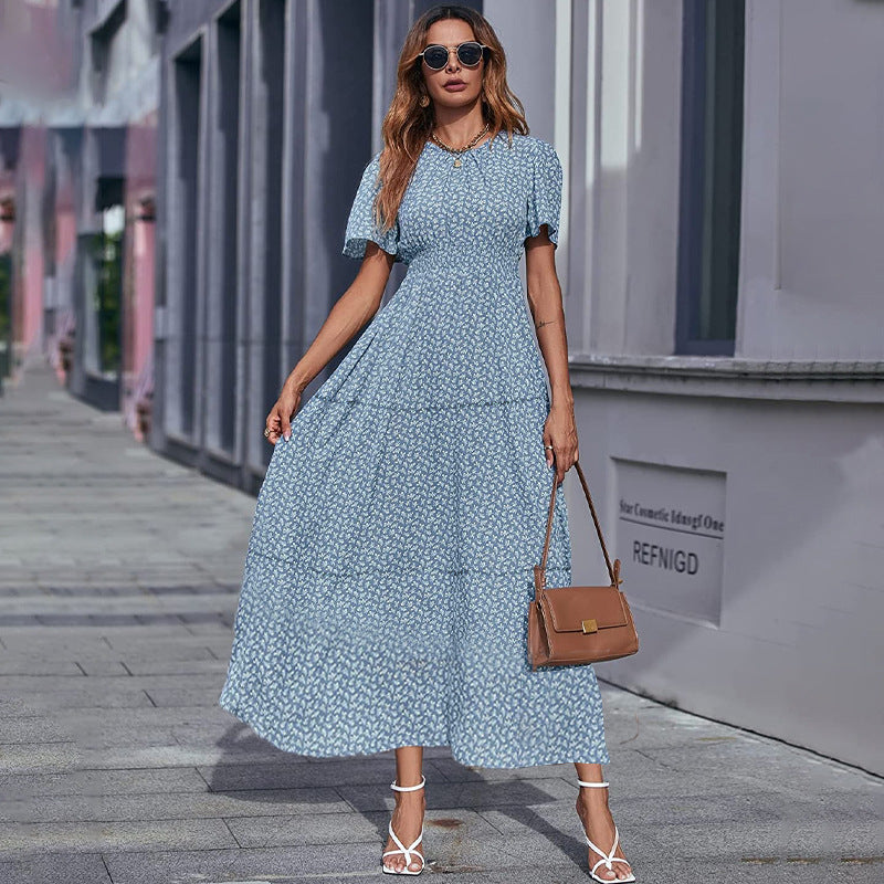 Dresses Women Casual Floral Print Dress O Neck Puff Sleeve Midi Dresses Summer Ladies Dress Vestidos