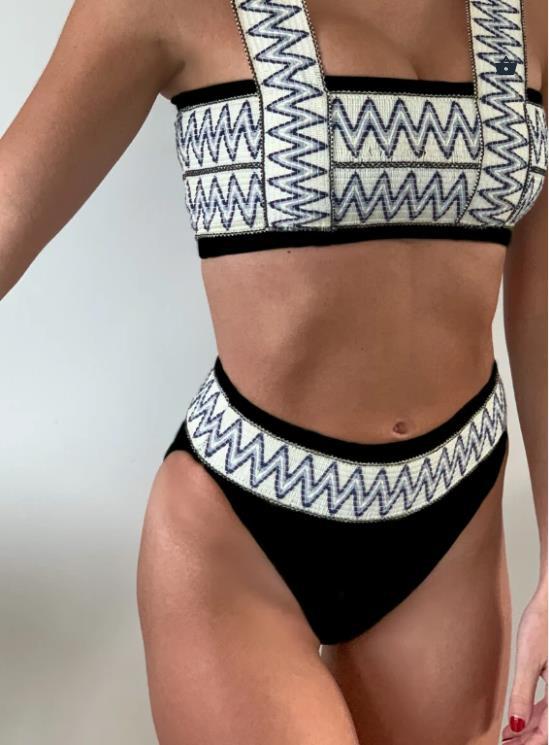 Blue Woven Zig-Zag High Waisted Bikini Bottom