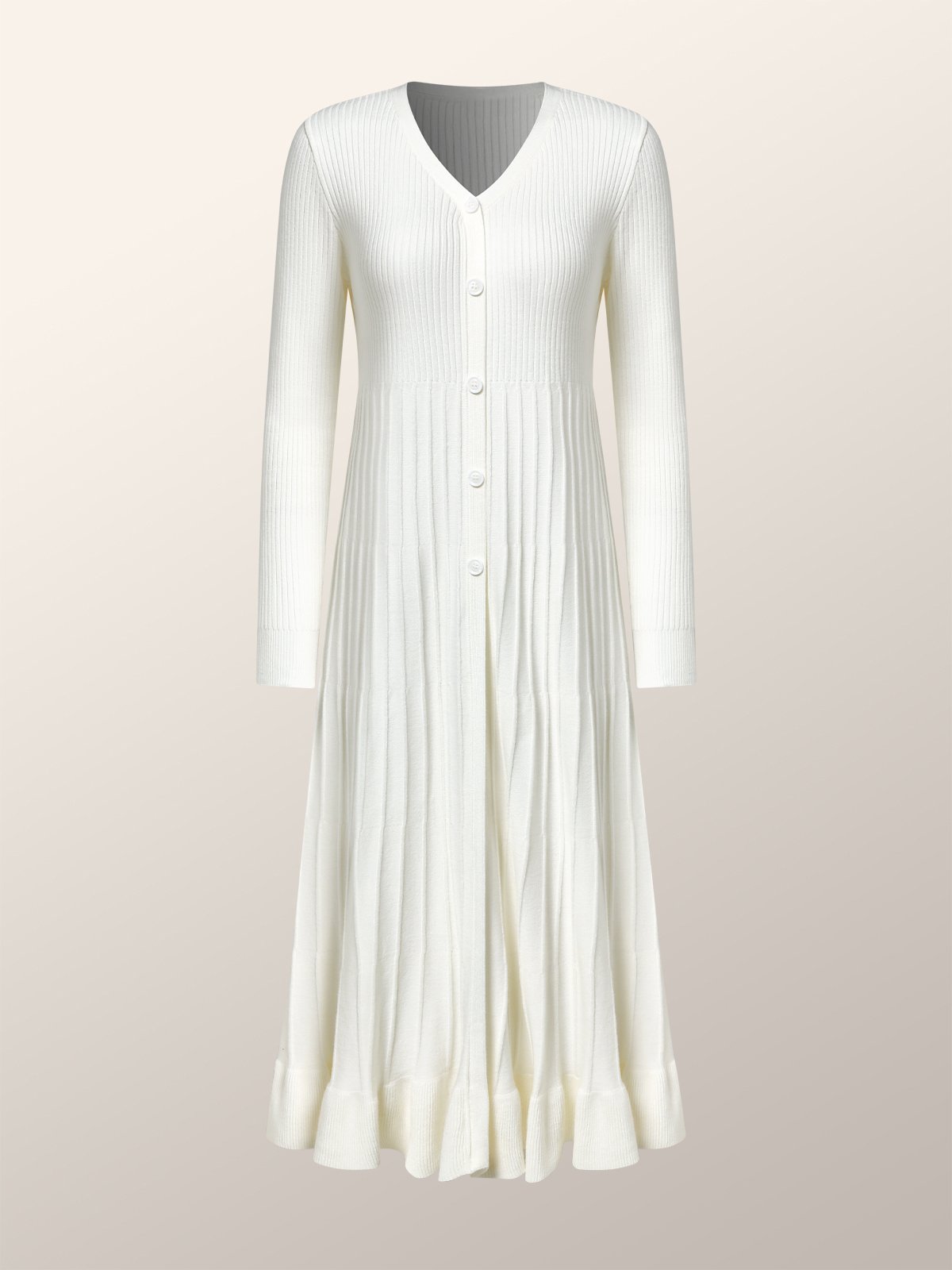 Elegant Plain Long Sleeve Buttoned Pleated Sweater Dress