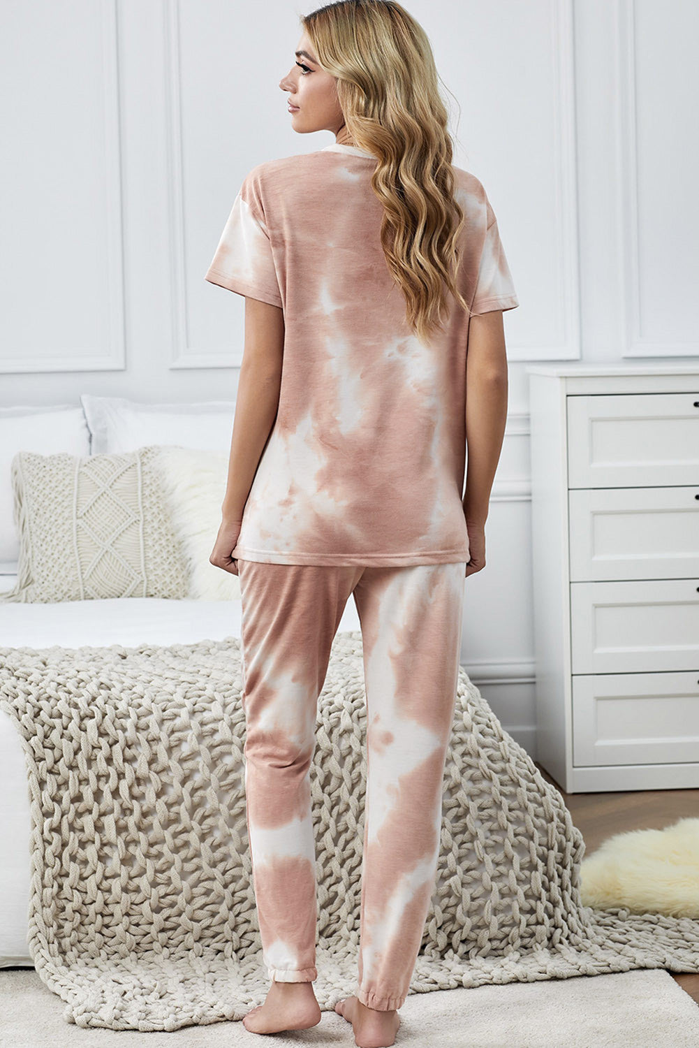 Tie Dye Printed Short Sleeve Tops Pants Loungewear Set