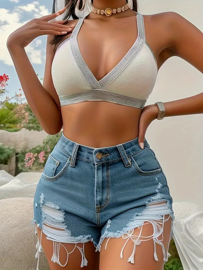 Color-Blocked Comfortable Breathable Cross-Back Wire-Free Bra