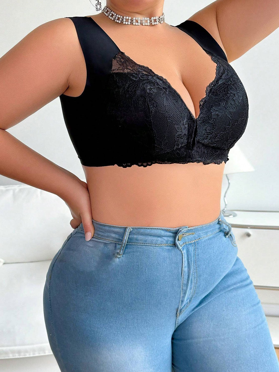 Lace Seamless Wirefree Push-up Pus size Full Coverage Bra Black