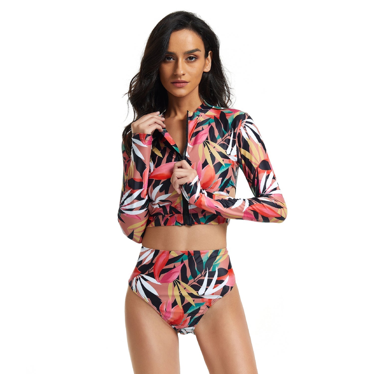 Long Sleeve Swimsuit Two Piece Bathing Suit Floral Zip Swimwear