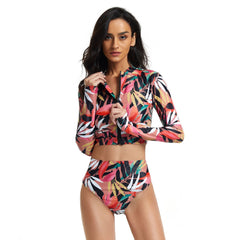 Long Sleeve Swimsuit Two Piece Bathing Suit Floral Zip Swimwear