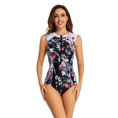 One Piece Floral Swimsuit Zipper Rash Guard