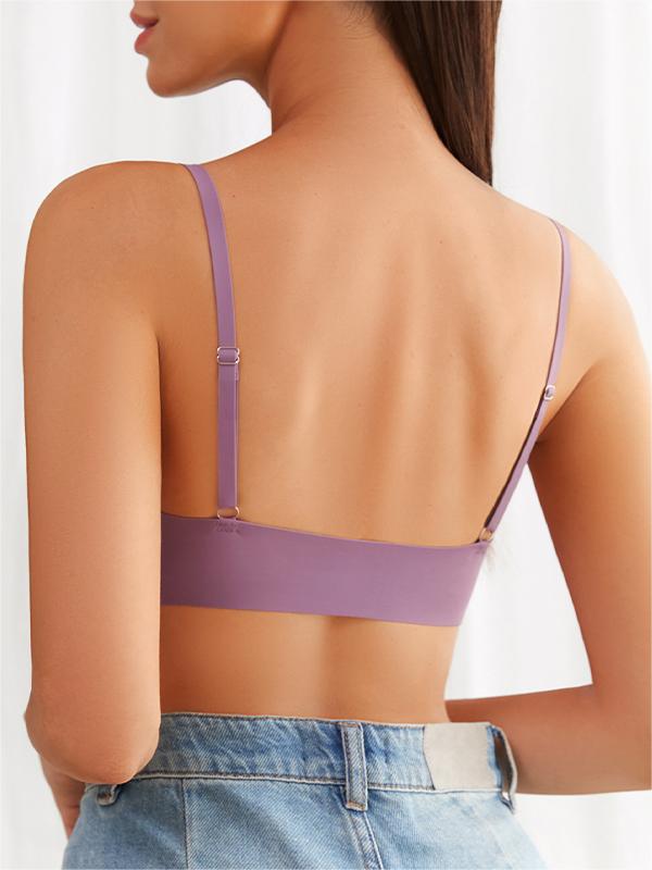 Comfortable Adjustable Straps Deep V Front Button Solid Color Wireless Bra Violet