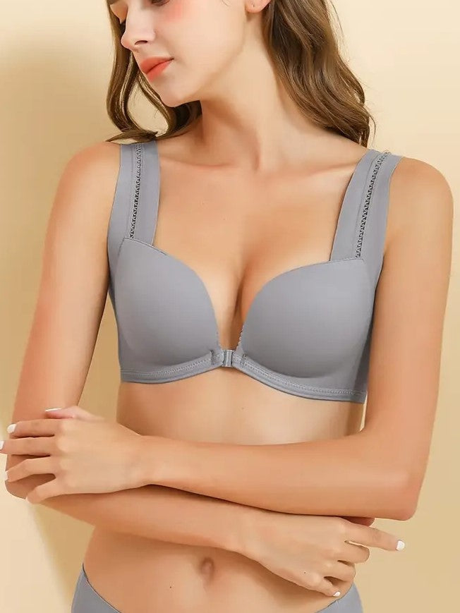 Front Closure Wide Strap Push-Up Wireless Bra CadetBlue