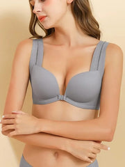 Front Closure Wide Strap Push-Up Wireless Bra CadetBlue