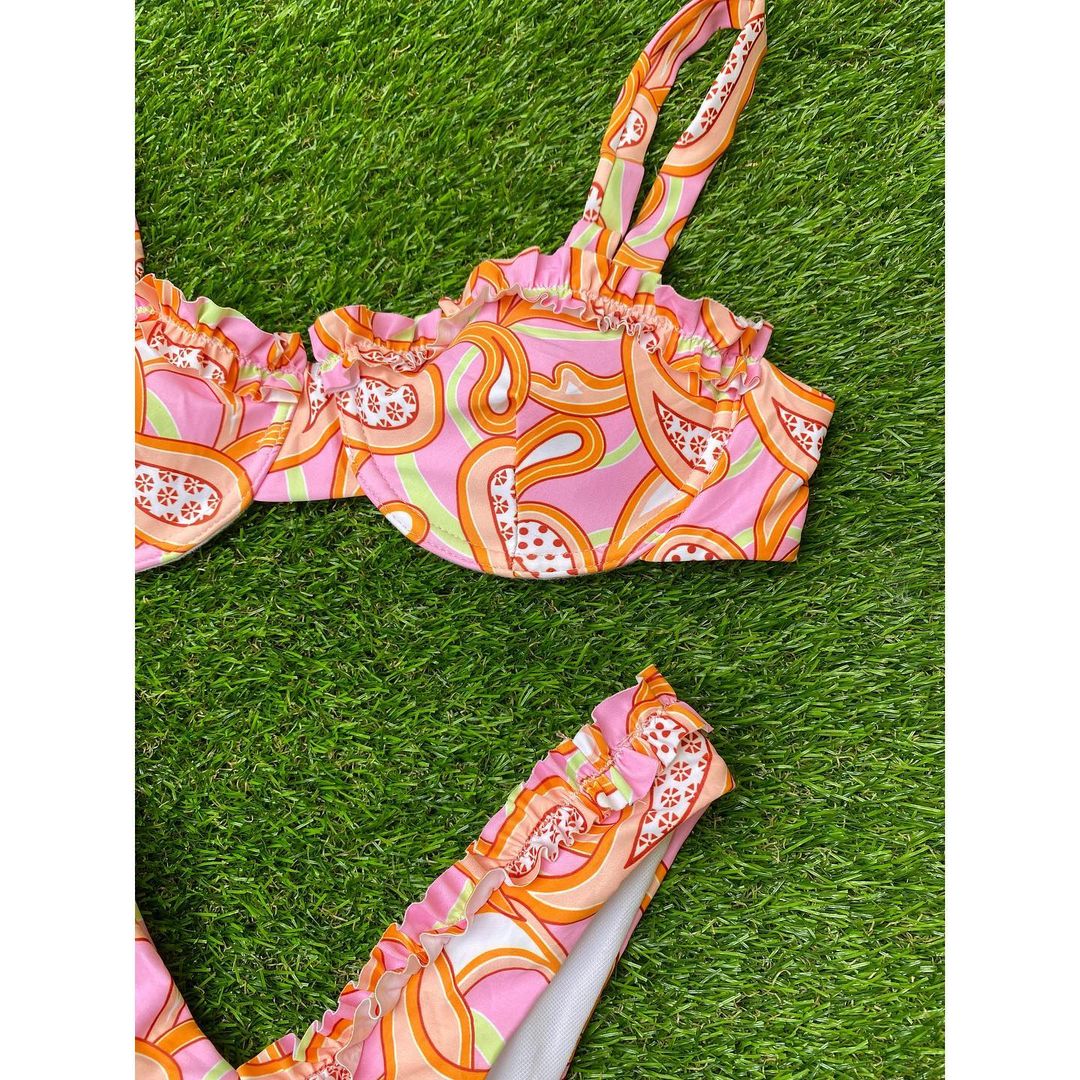 PINK Floral Ruffled Balconette Underwired Bikini Top