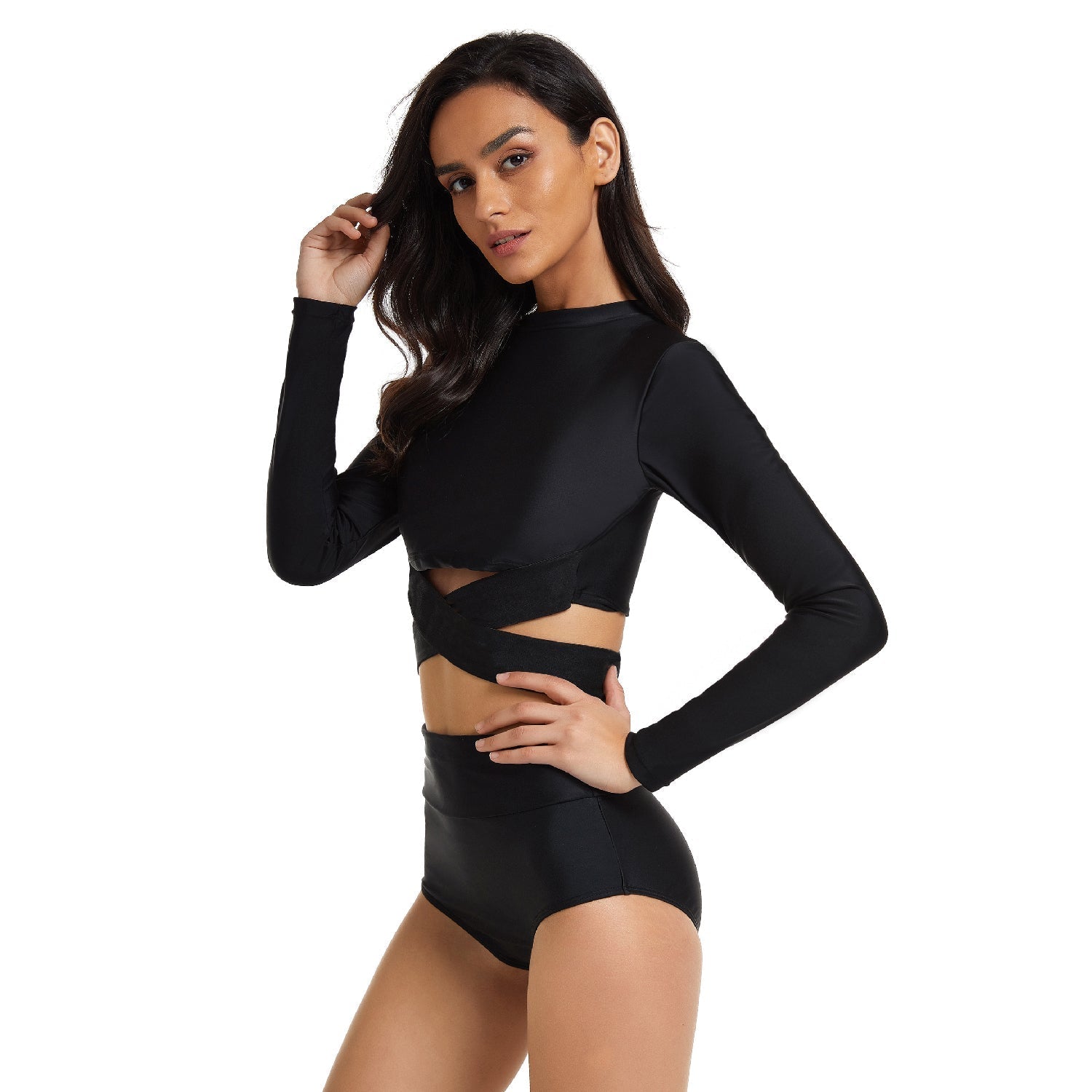 Long Sleeve Bathing suits Crop Criss Cross Black Rash Guard