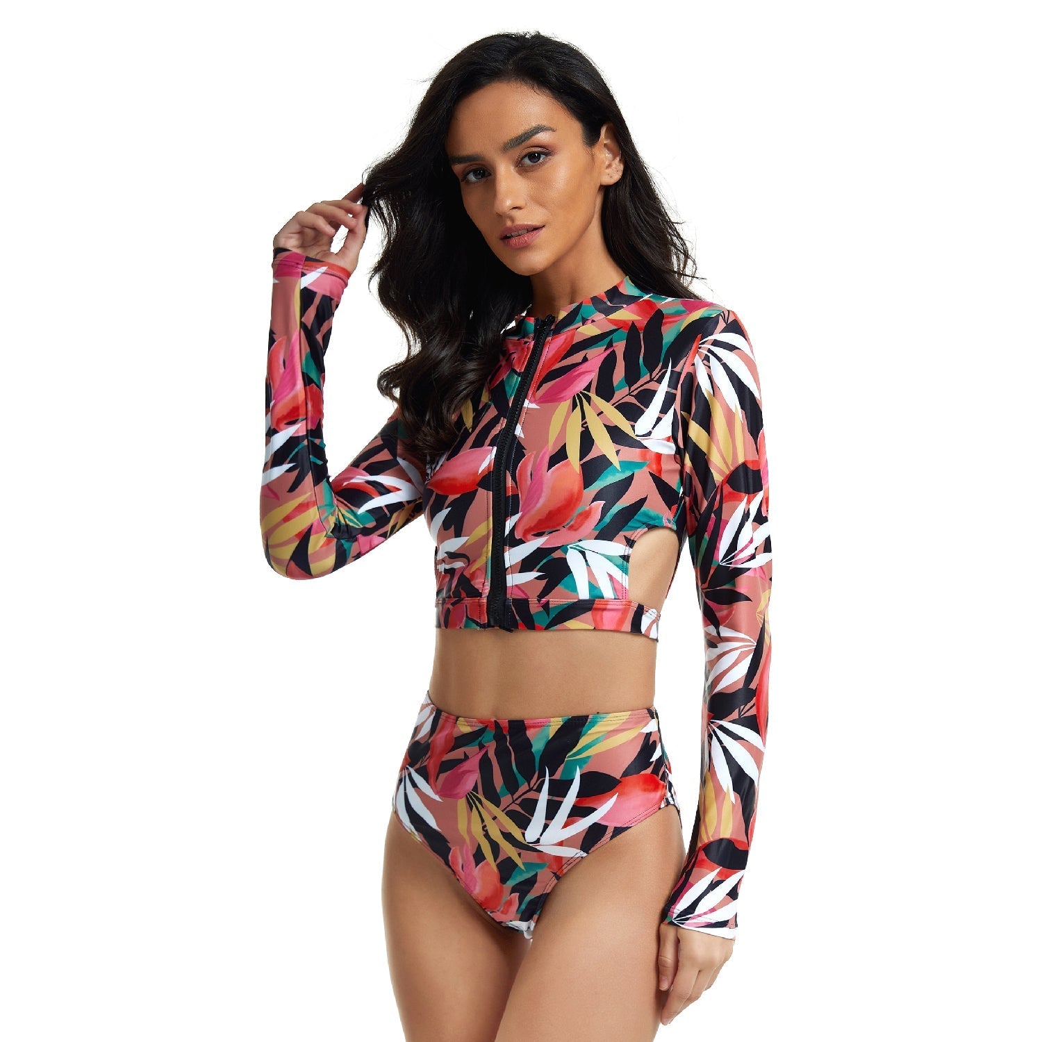 Long Sleeve Swimsuit Two Piece Bathing Suit Floral Zip Swimwear