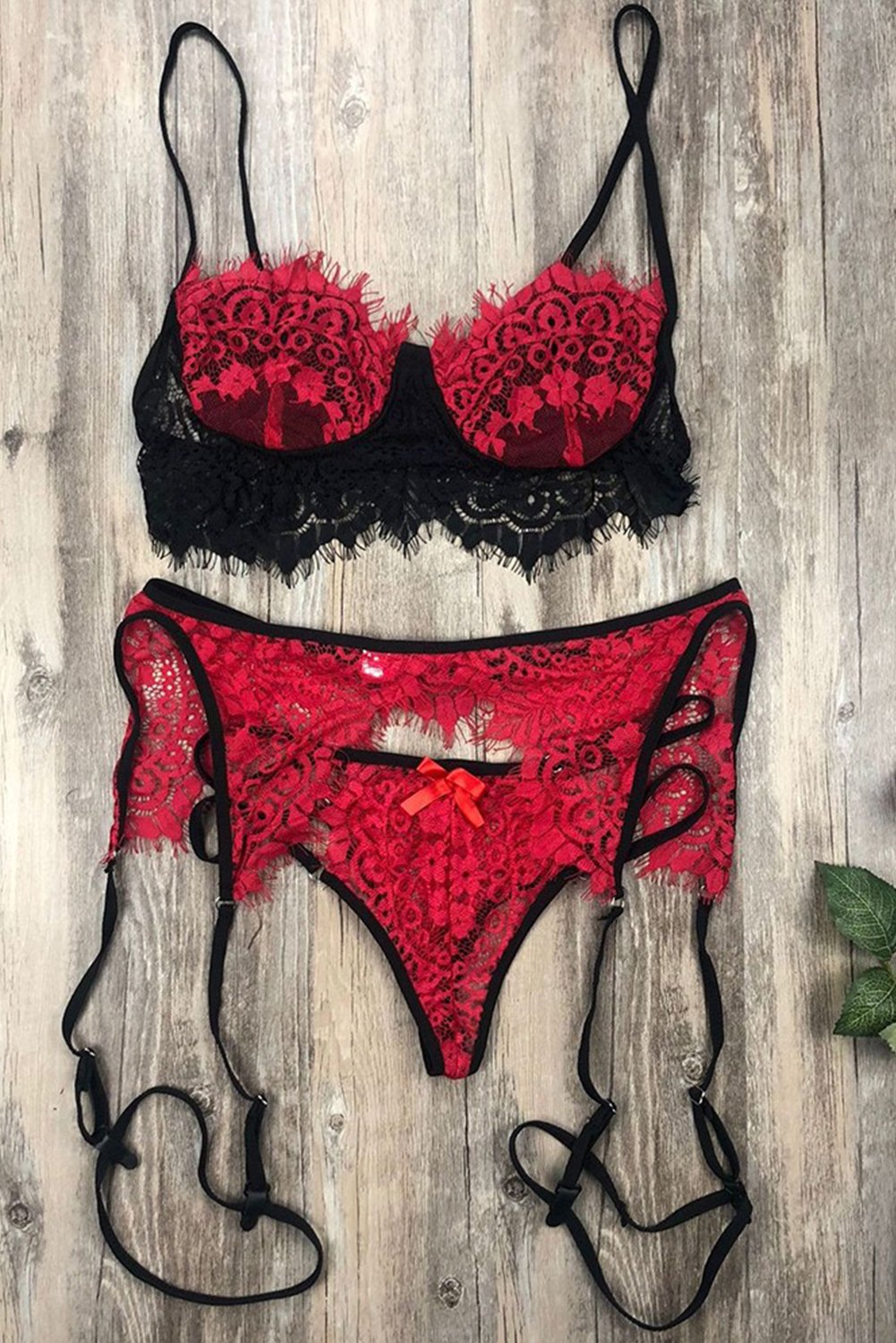 Red Eyelash Lace Spaghetti Strap Bralette Set with Garter Belt