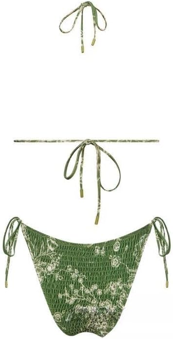Green Floral Crinkle Halter Tie Side Bikini Set