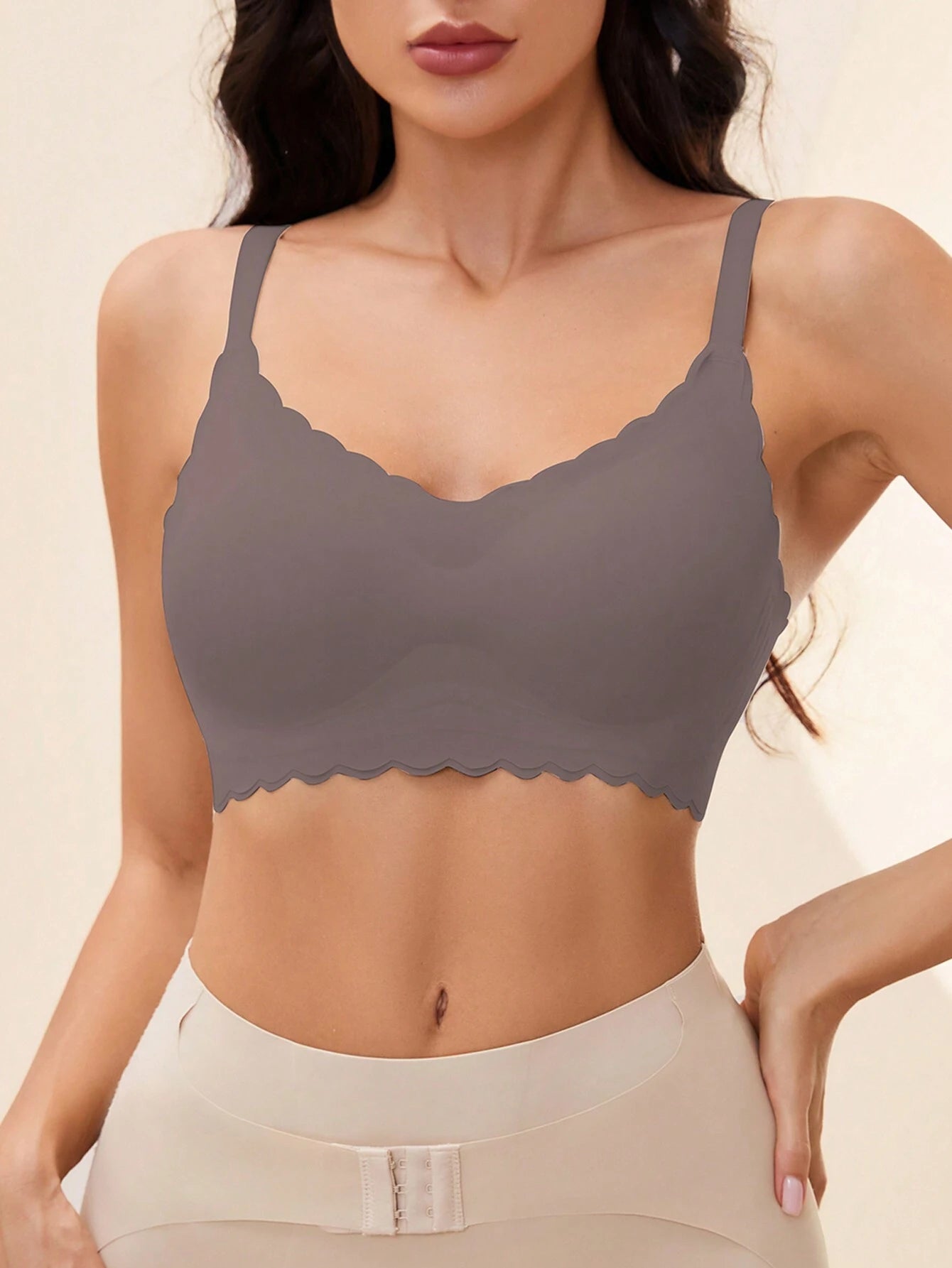 Solid Seamless Scallop Trim Bralette RosyBrown