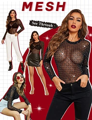 Avidlove Mesh Bodysuit Black Long Sleeve Bodysuit Round Neck Sheer Leotards Bodysuit Tops Snap Crotch