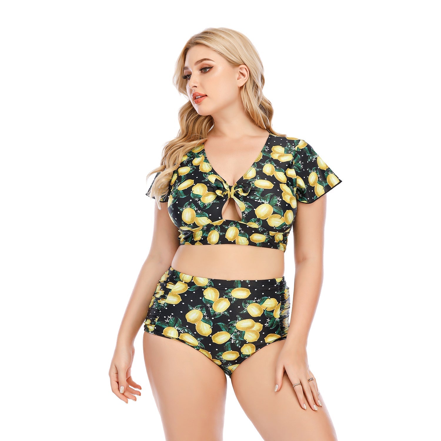 SiySiy Plus Size Two Piece Short Sleeve Swimsuit Green Fruit Pattern Swimsuit