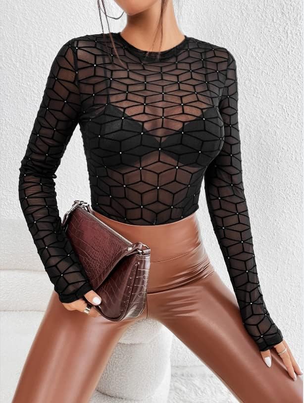 Avidlove Mesh Bodysuit Black Long Sleeve Bodysuit Round Neck Sheer Leotards Bodysuit Tops Snap Crotch