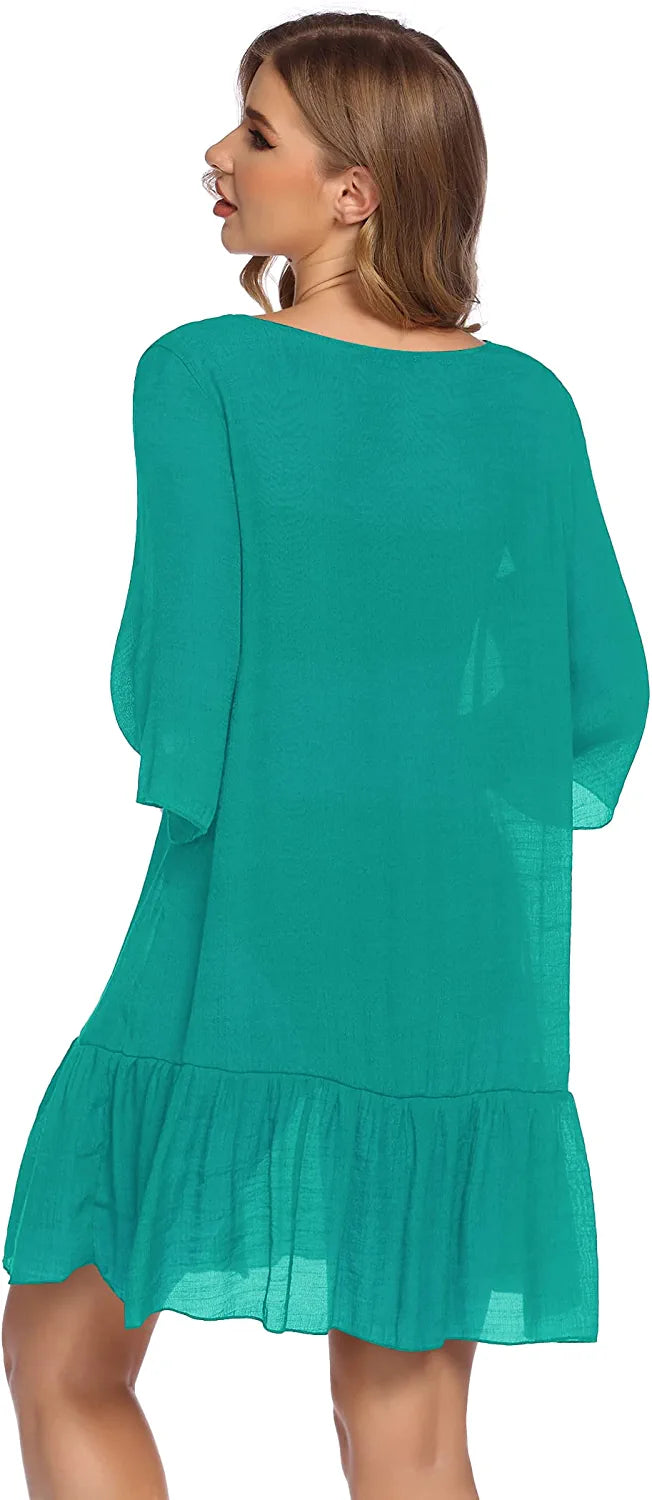 Avidlove Casual Swim Cover up V-Neck Summer Beachwear Coverups Flowy Short Sleeve Mini Beach Dress