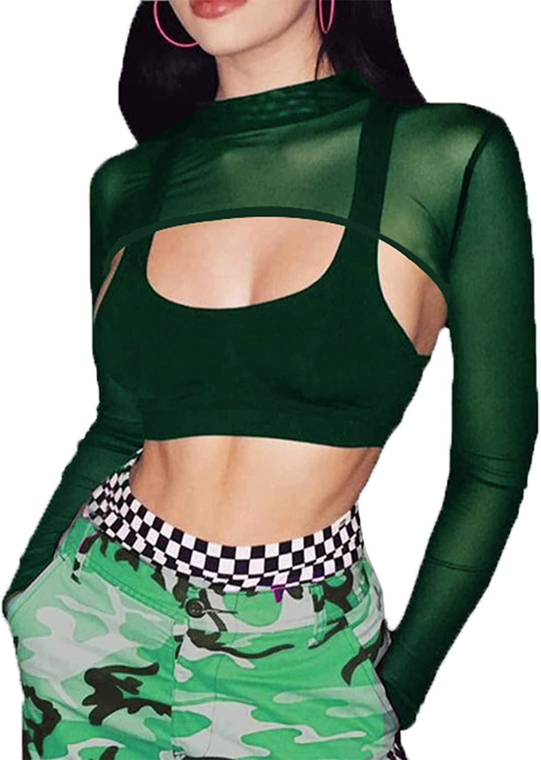 Avidlove Mesh Crop Tops for Mock Neck Long Sleeve Crop Top See Through Shirt Top Clubwear