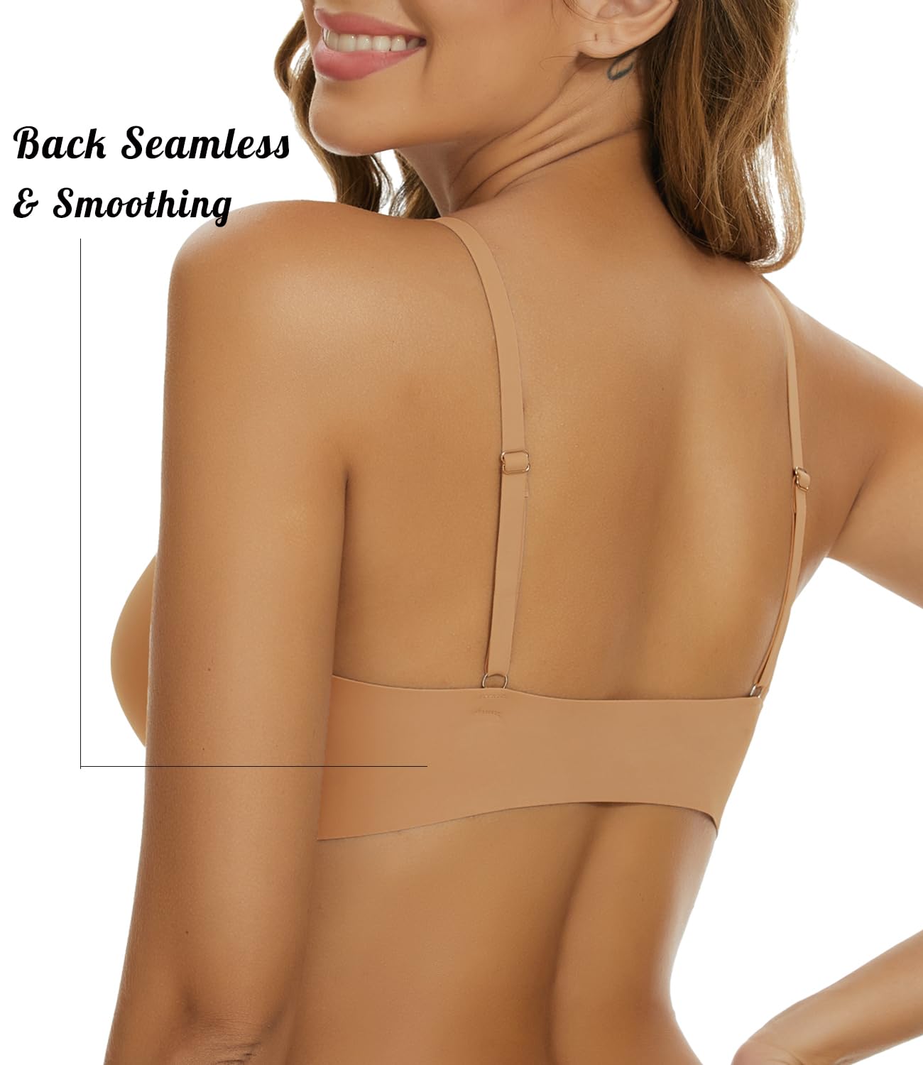 Comfortable Adjustable Straps Deep V Front Button Solid Color Wireless Bra Tan