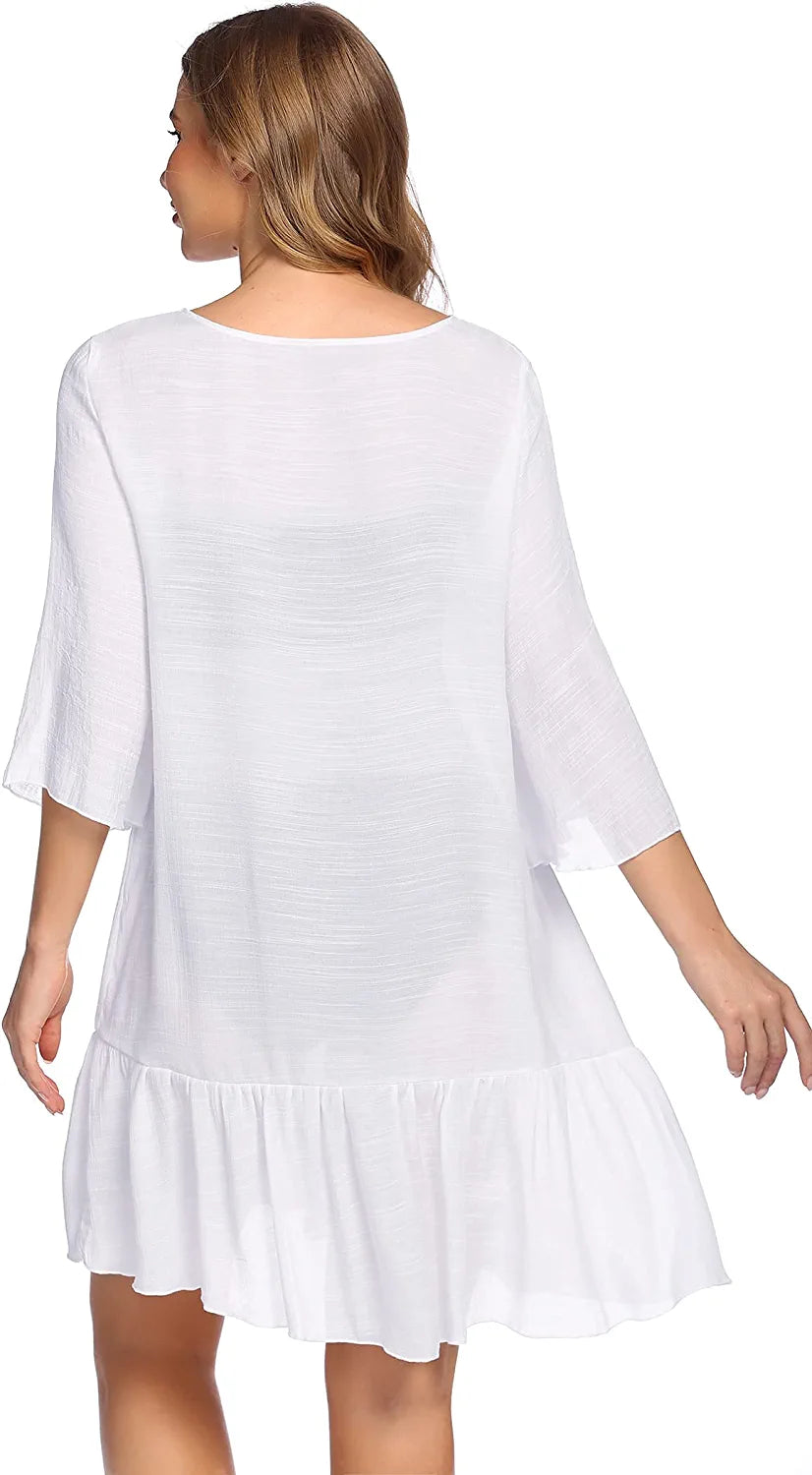Avidlove Casual Swim Cover up V-Neck Summer Beachwear Coverups Flowy Short Sleeve Mini Beach Dress