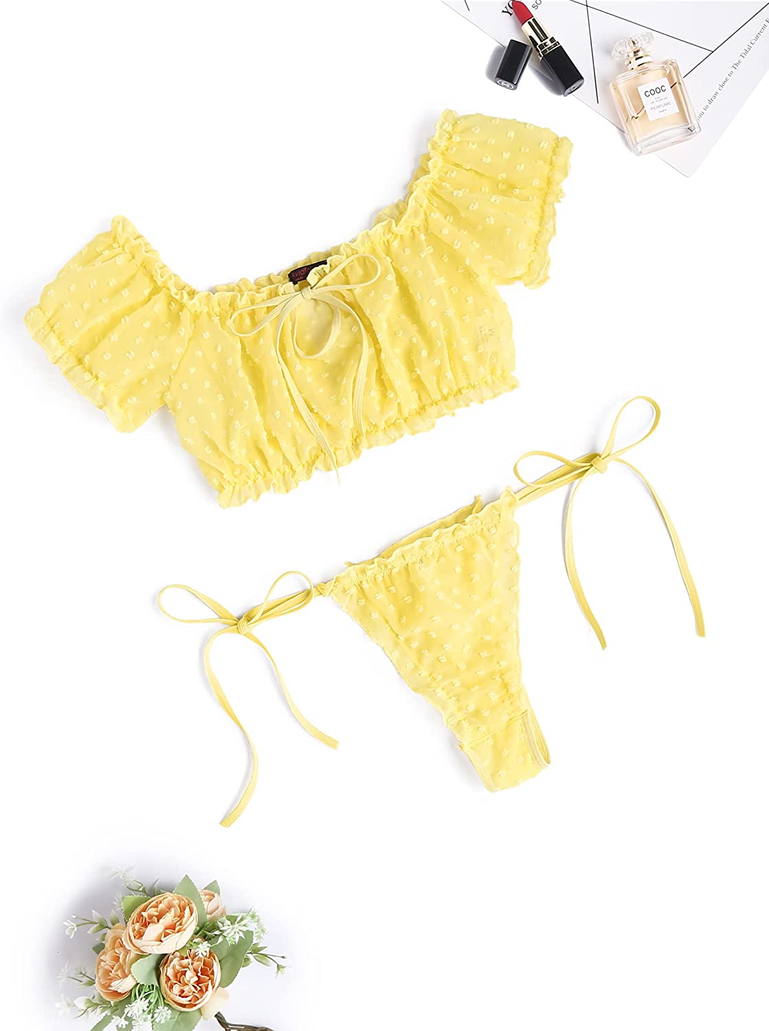 Avidlove Bra and Panty Set Ruffle Lingerie Set Mesh Babydoll Chemise