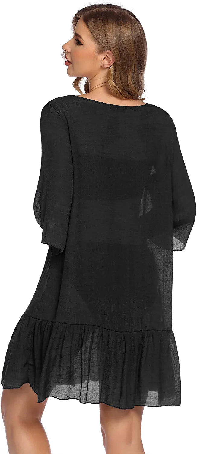 Avidlove Casual Swim Cover up V-Neck Summer Beachwear Coverups Flowy Short Sleeve Mini Beach Dress