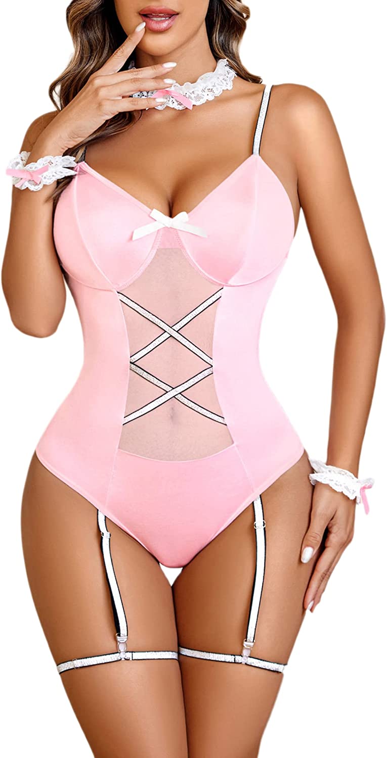 Avidlove Cosplay Lingerie Anime Costume Bodysuit Set Bunny Teddy Lingerie 3PC Maid Outfit