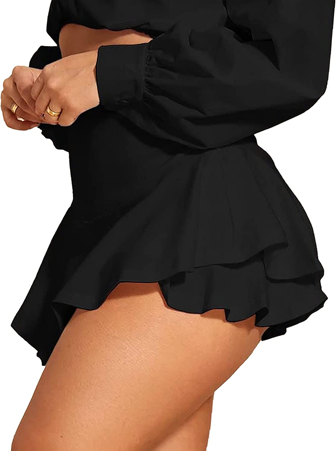 Avidlove Mini Skirt Solid Ruffle Trim Lingerie Skirt Short High Waist Two Layer Hem Skirt