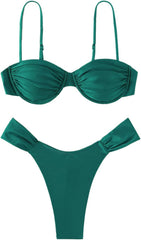 Halter Neck Pleated Triangle Swimsuit Beachwear  - Green