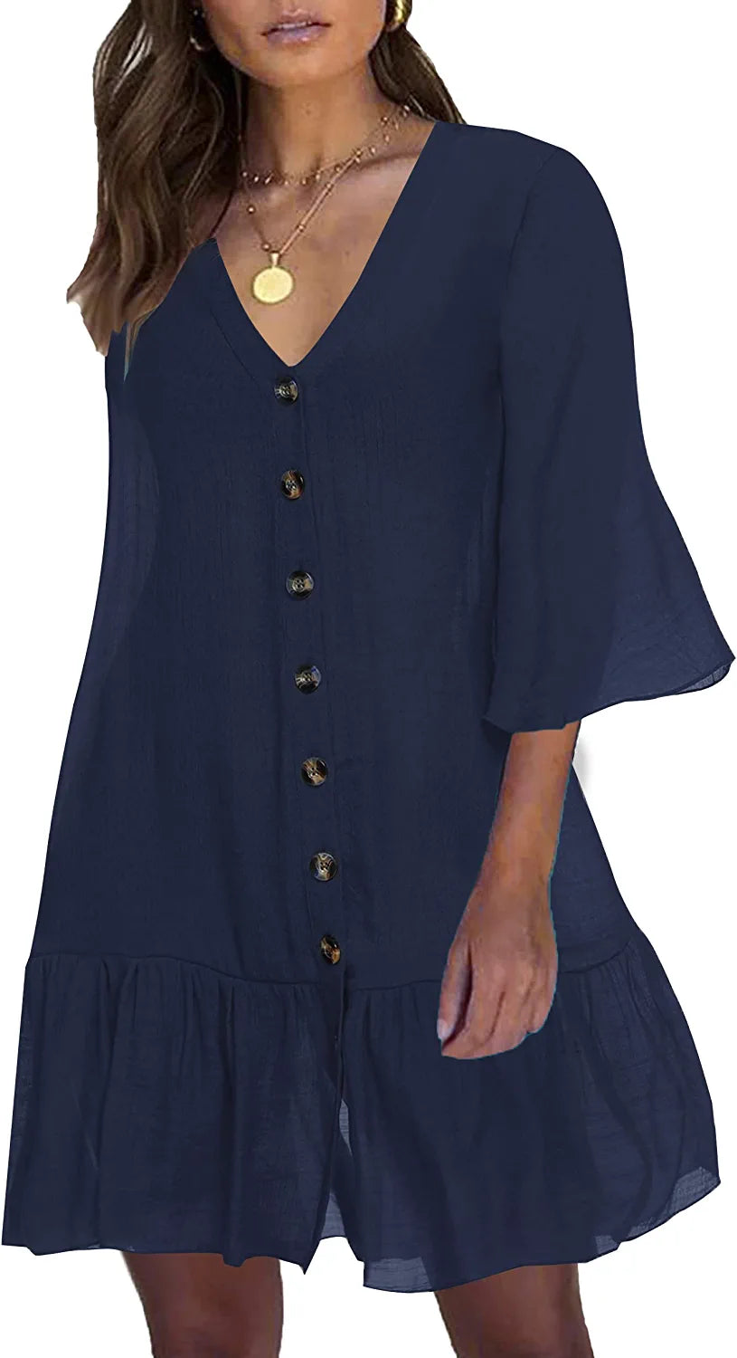 Avidlove Casual Swim Cover up V-Neck Summer Beachwear Coverups Flowy Short Sleeve Mini Beach Dress