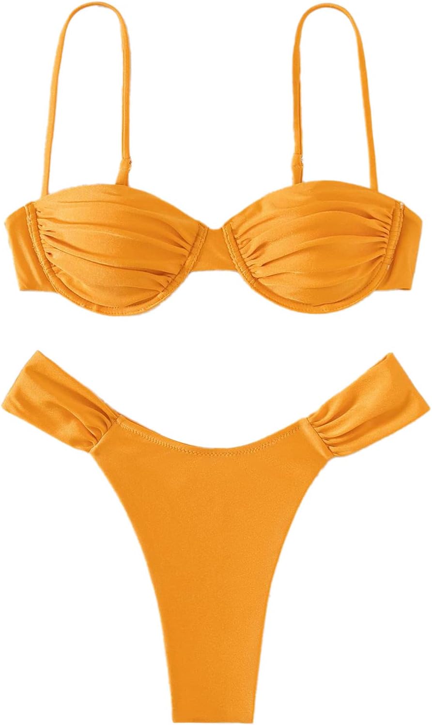 Halter Neck Pleated Triangle Swimsuit Beachwear  - Yellow