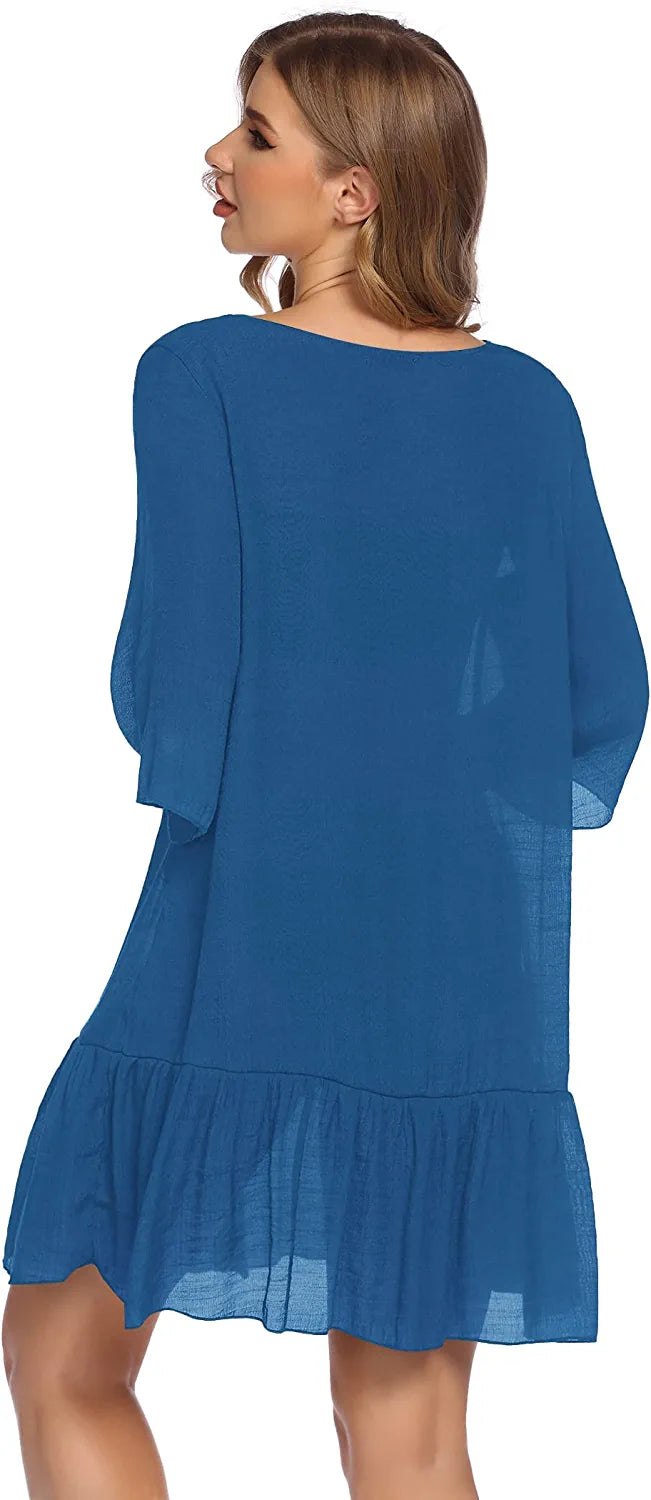 Avidlove Casual Swim Cover up V-Neck Summer Beachwear Coverups Flowy Short Sleeve Mini Beach Dress