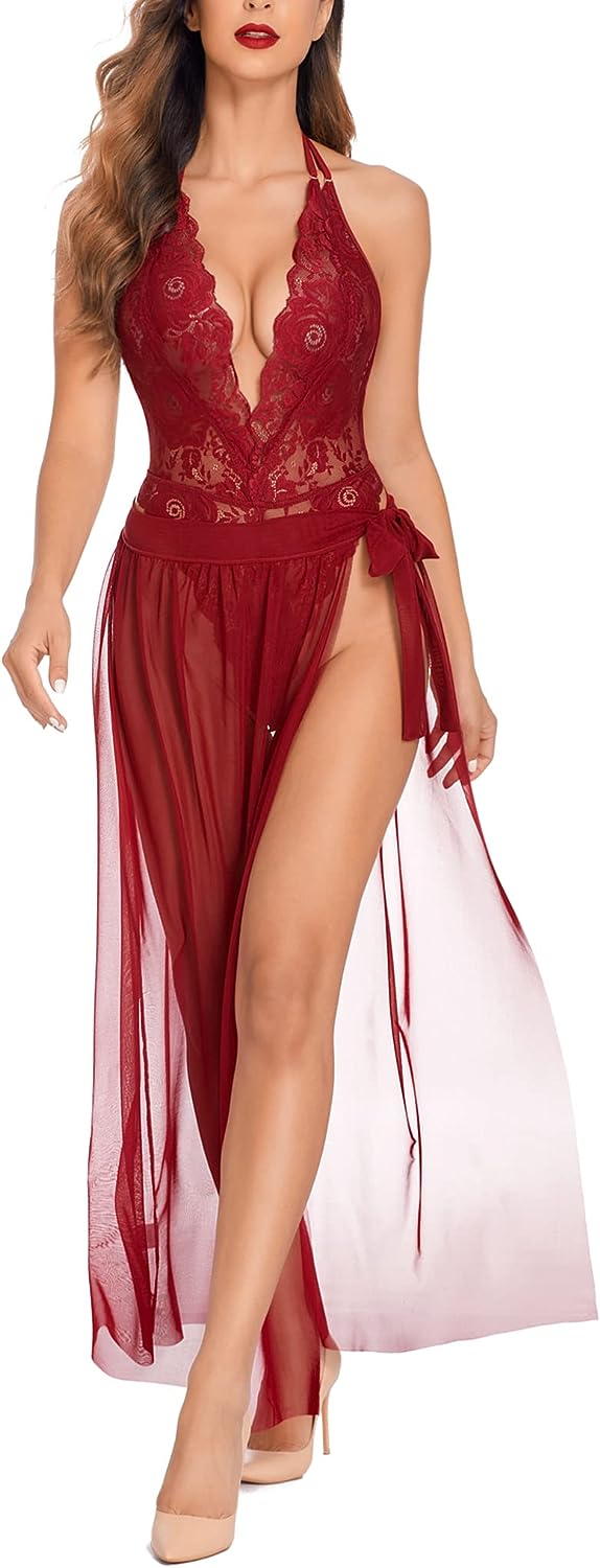 Avidlove Lingerie Nightgowns Deep V Lace Bodysuit Mosaic Lace Teddy Mesh Skirt