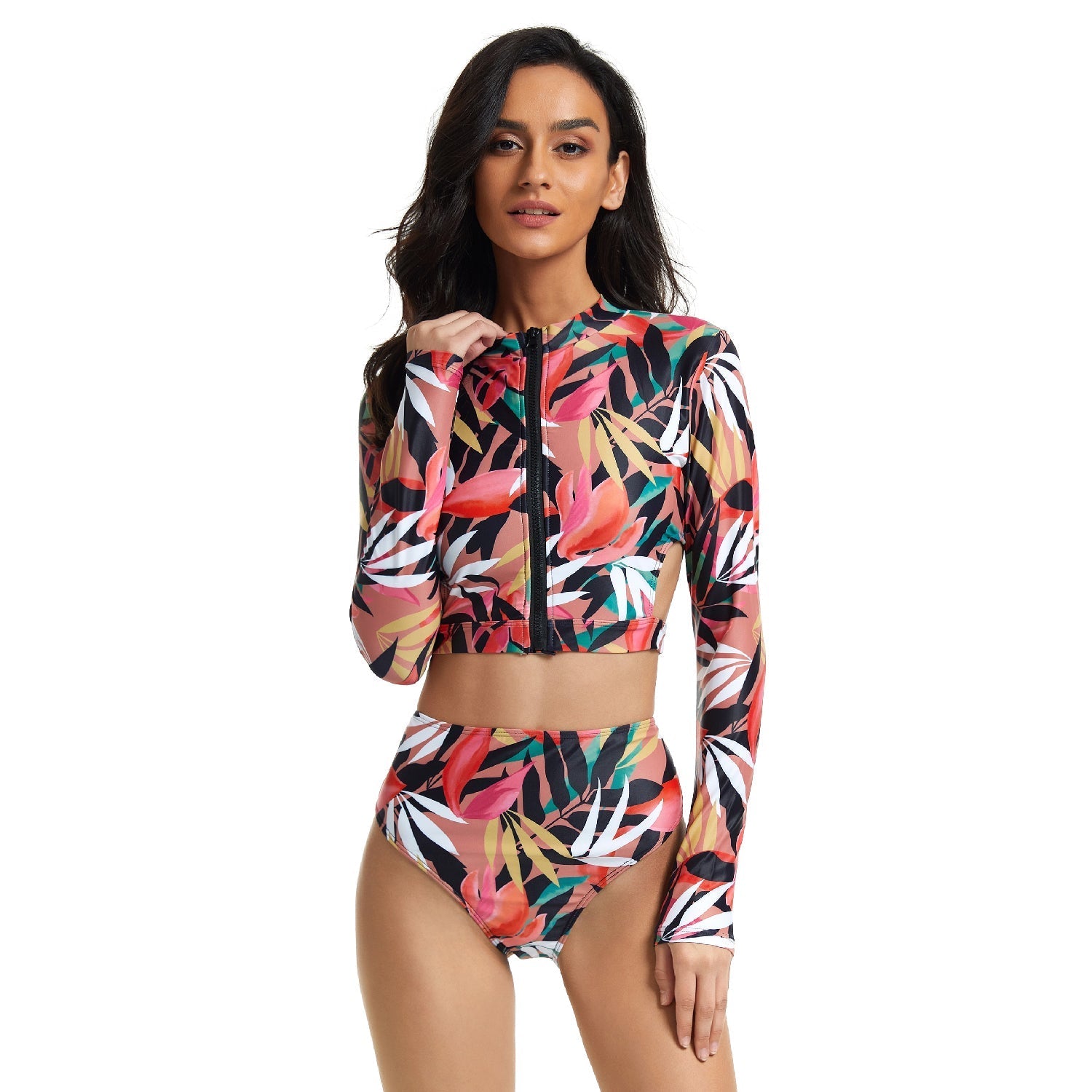 Long Sleeve Swimsuit Two Piece Bathing Suit Floral Zip Swimwear