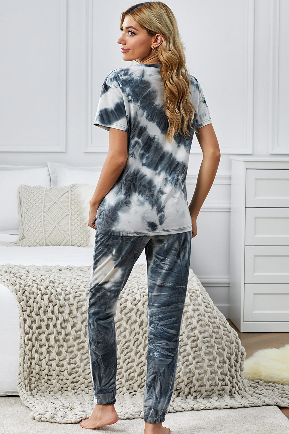 Tie Dye Printed Short Sleeve Tops Pants Loungewear Set
