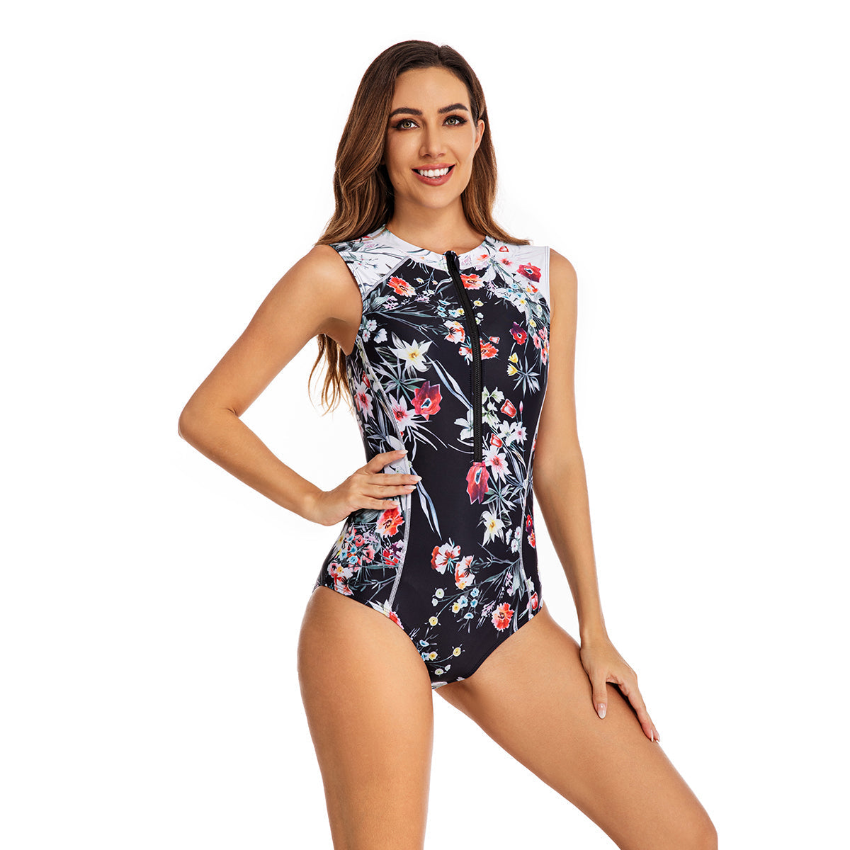 One Piece Floral Swimsuit Zipper Rash Guard